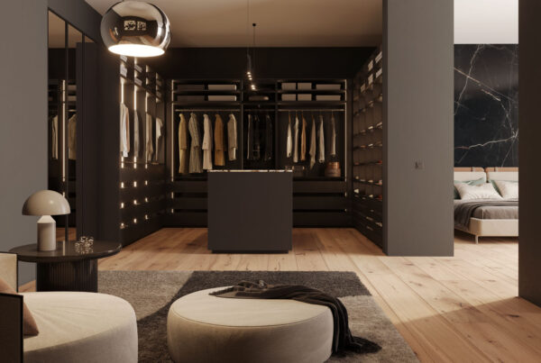 Moderner begehbarer Kleiderschrank mit hölzernem Boden und eleganter Beleuchtung, Kleidung organisiert an Stangen, Blick ins angrenzende Schlafzimmer.